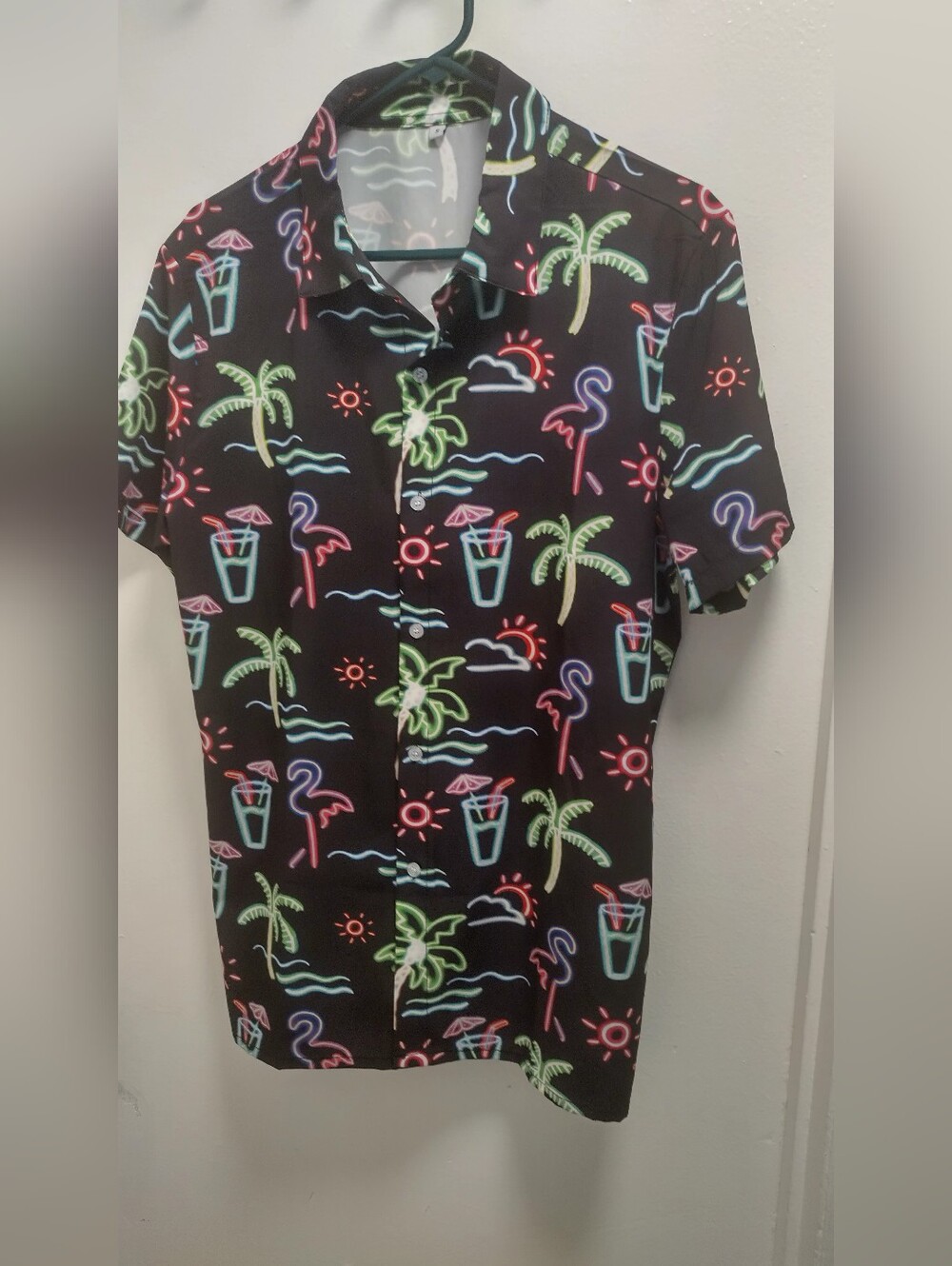 Neon Tropical Print Short Sleeve Men's Button-Up Shirt Size Small